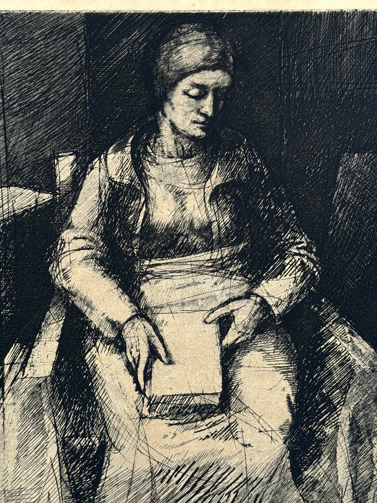 THOMAS CORNELL SIGNED ETCHING A SEATED WOMAN WITH BOOK VINTAGE ORIGINAL PORTRAIT