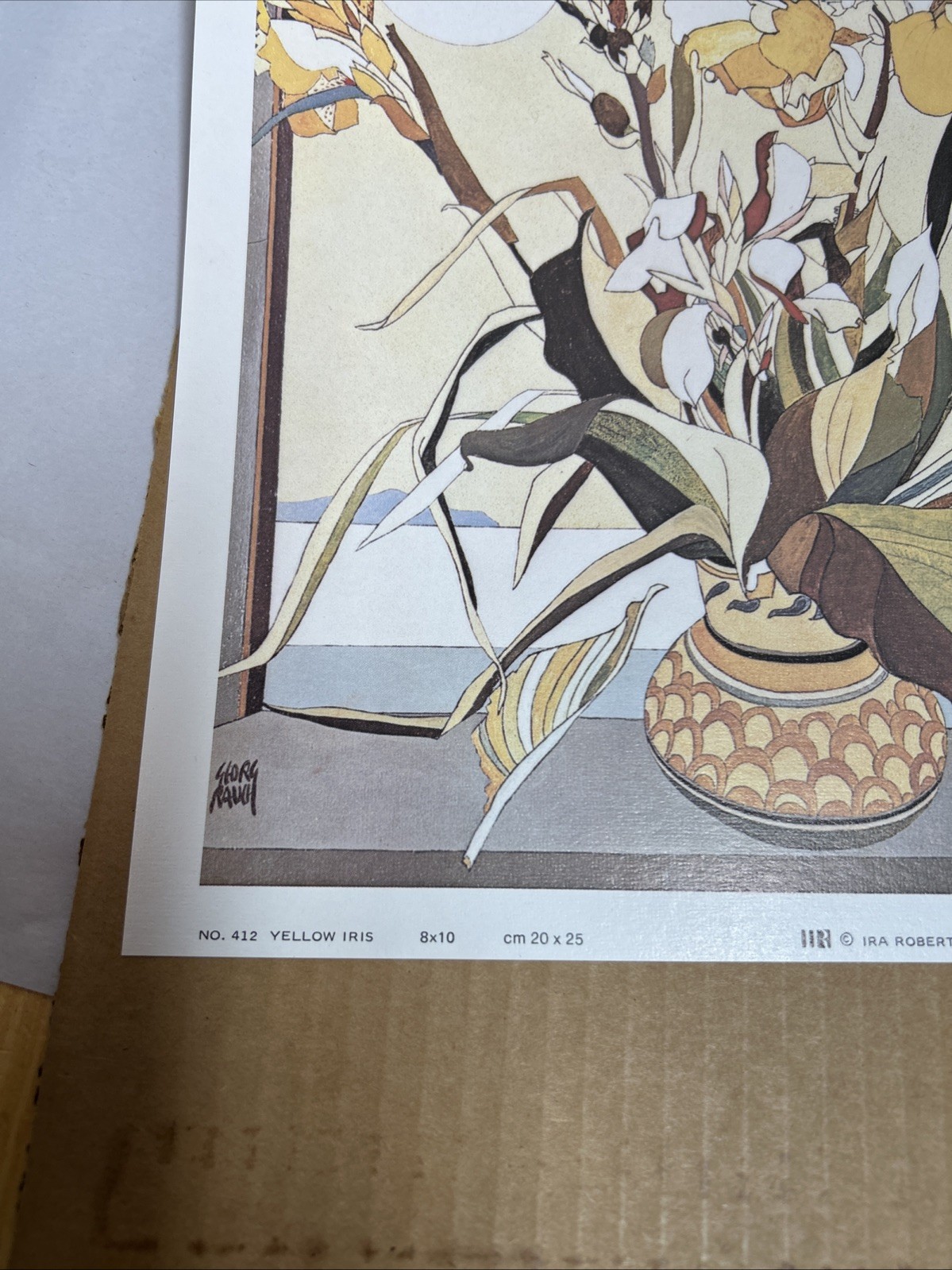 MCM 1975 Modernism Print Artist Georg Rauch Iris Flower Bamboo Frame