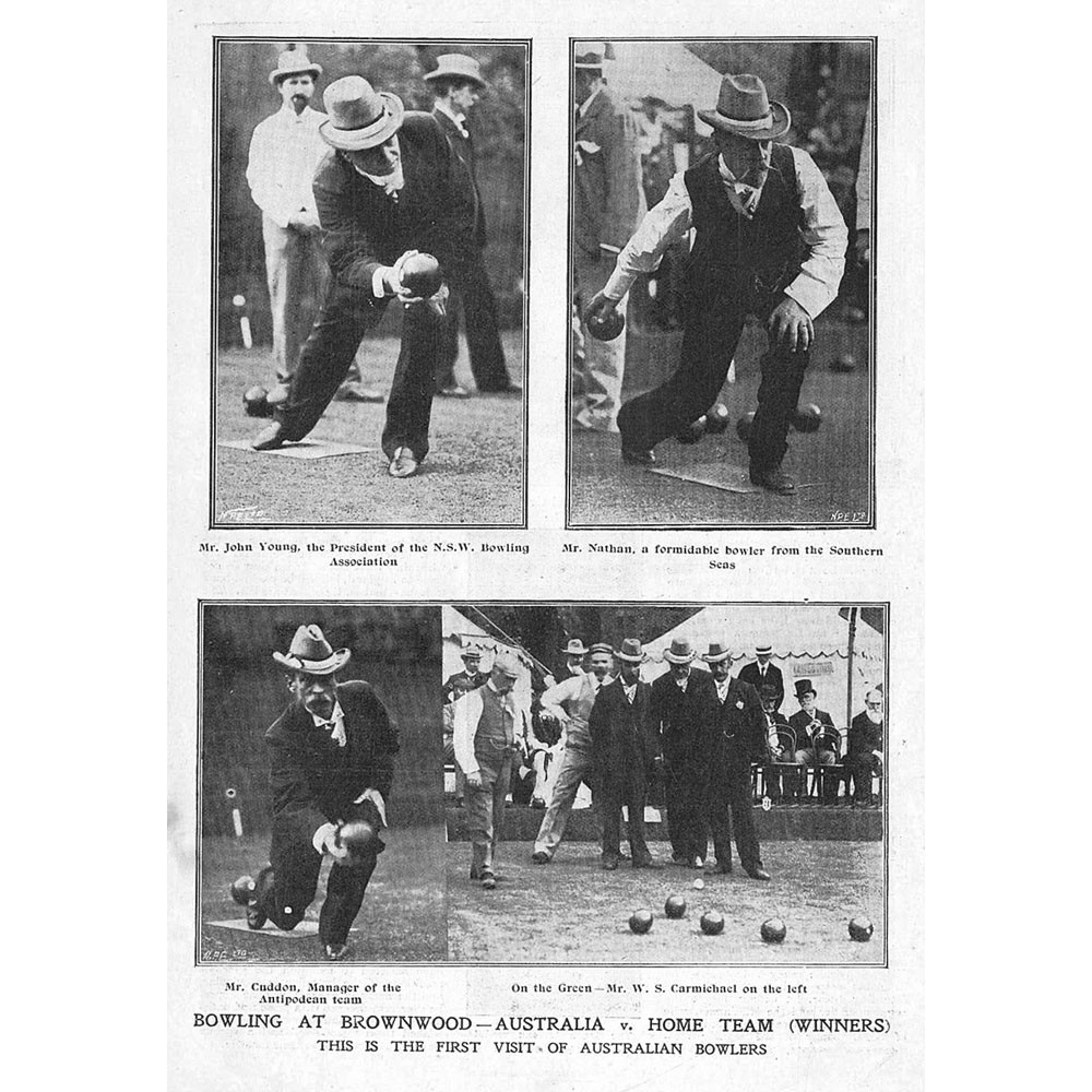 Crown Green Bowls Match v Australia at Brownwood – Antique Print 1901