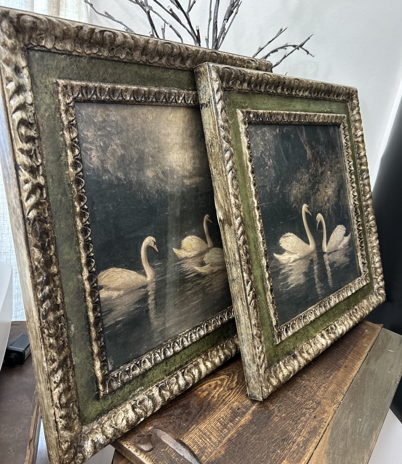 SET Of 2-21×21” Unique Swan Art Print In Reclaimed Vintage Frames