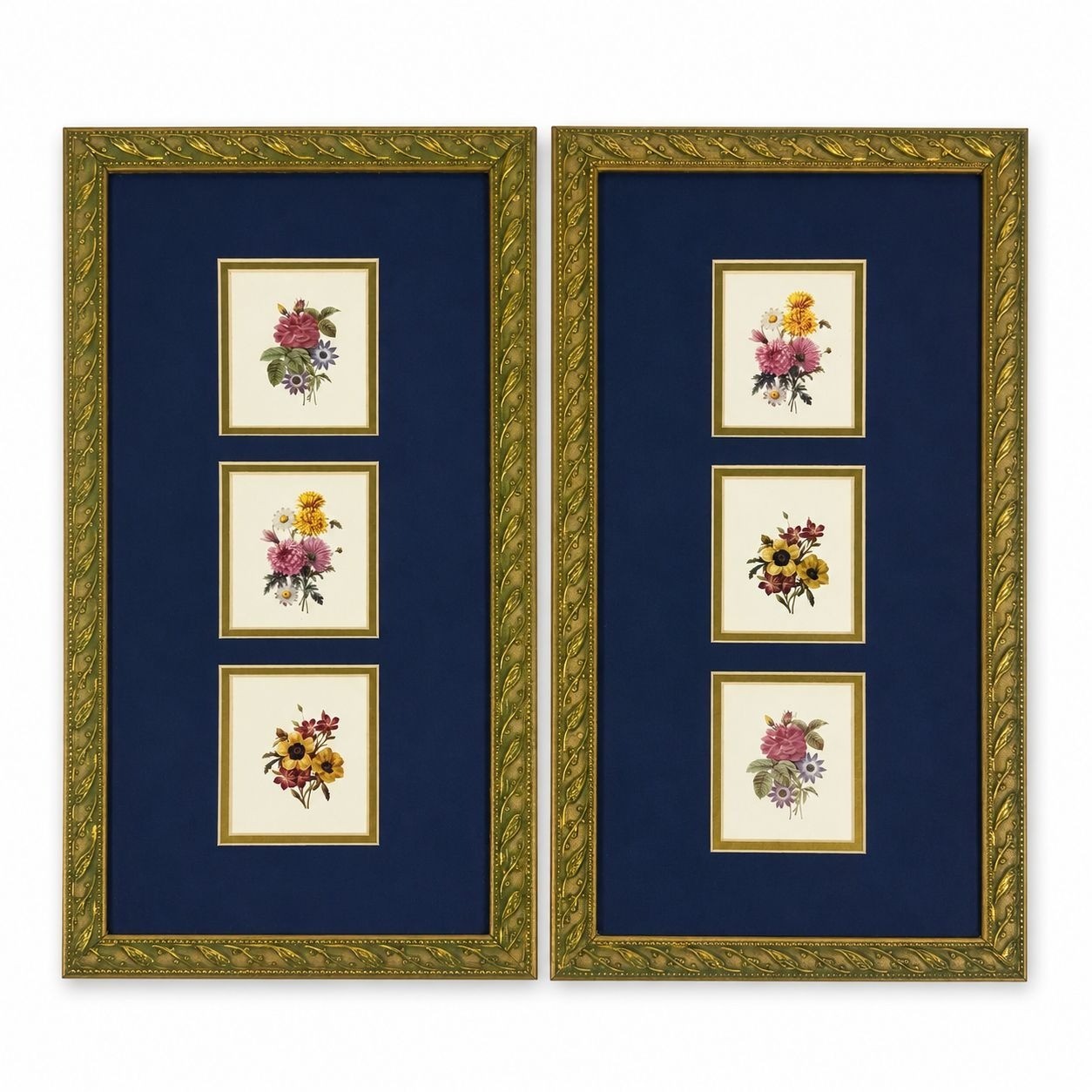 Wall Art Floral Framed Prints Pair W/ Matting Gold Frame Flowers Paneled Prints