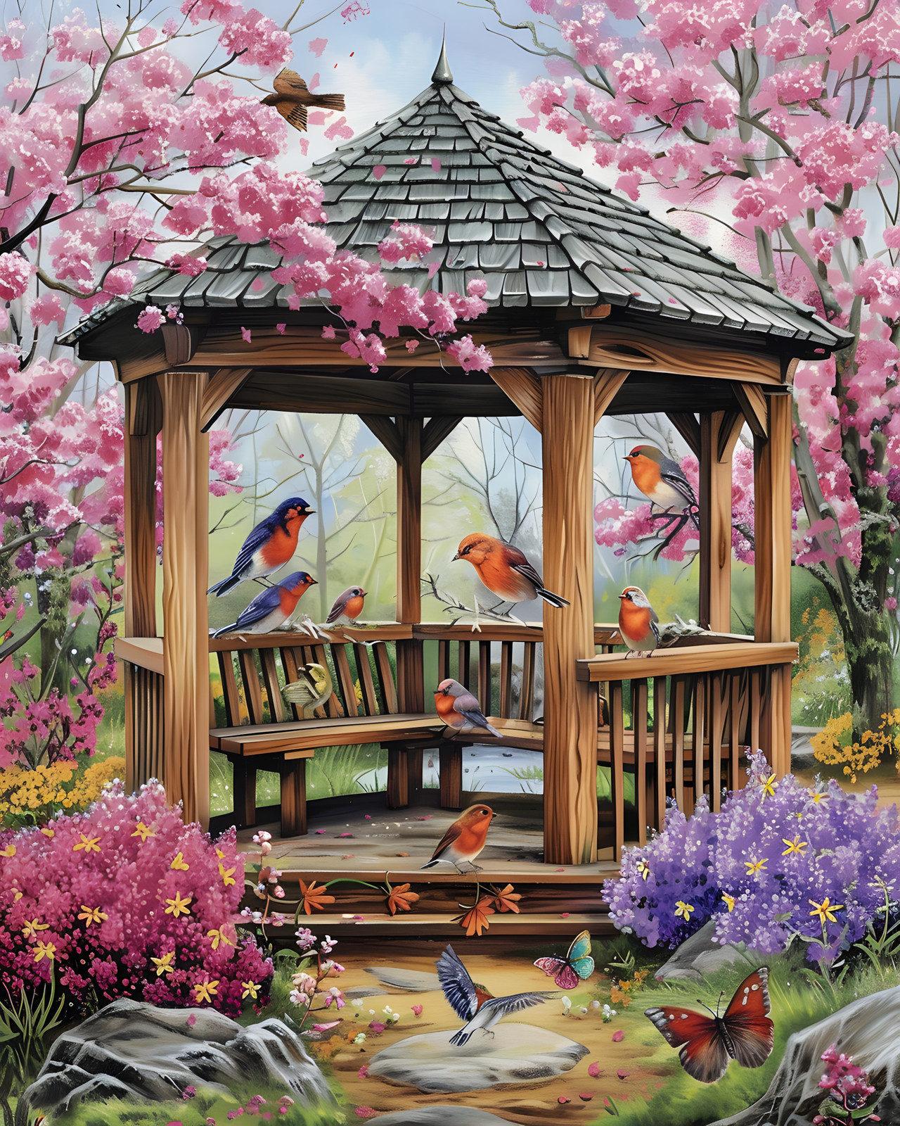 8×10 Cozy Storybook Birds in Gaze with Flowers Art Print Cottagecore – 410859626