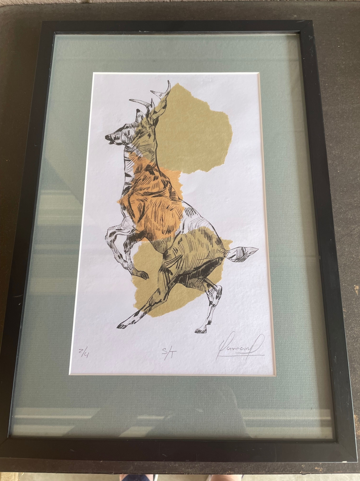 Deer Elk Animal Ink Sketched Hanging Art Torn Paper Frame Signed Ltd Ed 12×17.5″