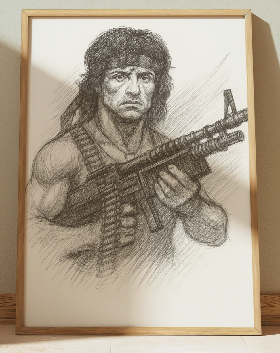 RAMBO DRAWING PRINT PORTRAIT SKETCH 8″ x 10″ RAMBO PRINT WALL ART HOME DECOR