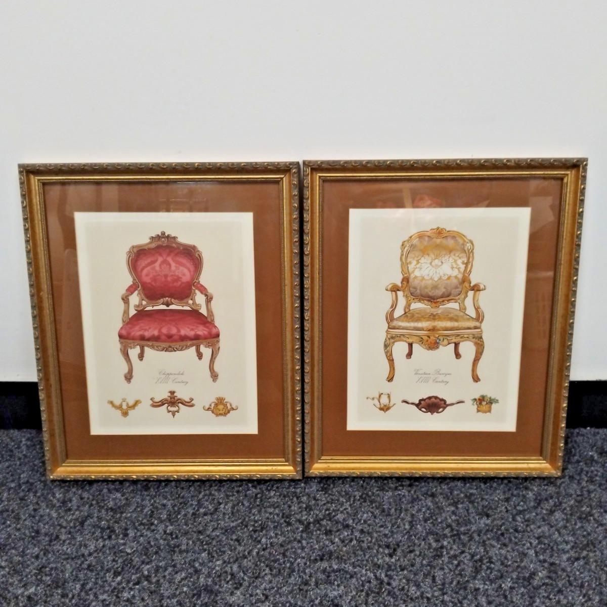 Set of 2 Vintage Chair Matte Prints Framed 36.5X44cm, Venetian & Chippendale