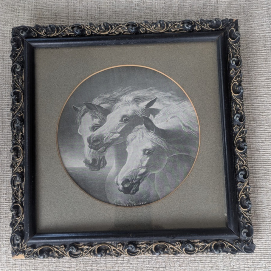 Pharaoh’s Horses Lithograph in Detailed Antique Frame w/ Old Glass 9 1/2″ Square
