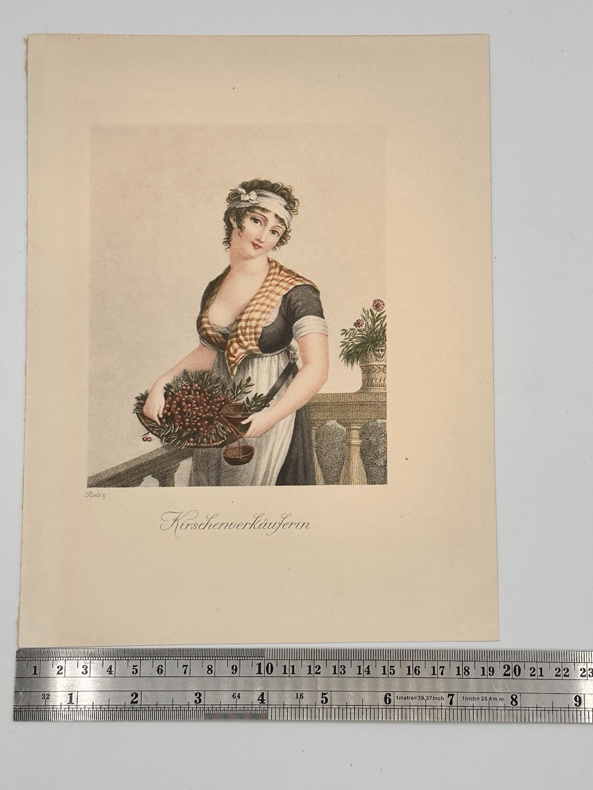 Antique Hand Colored Engraving Cherry Seller (Kirschenverkäuferin) German Artist