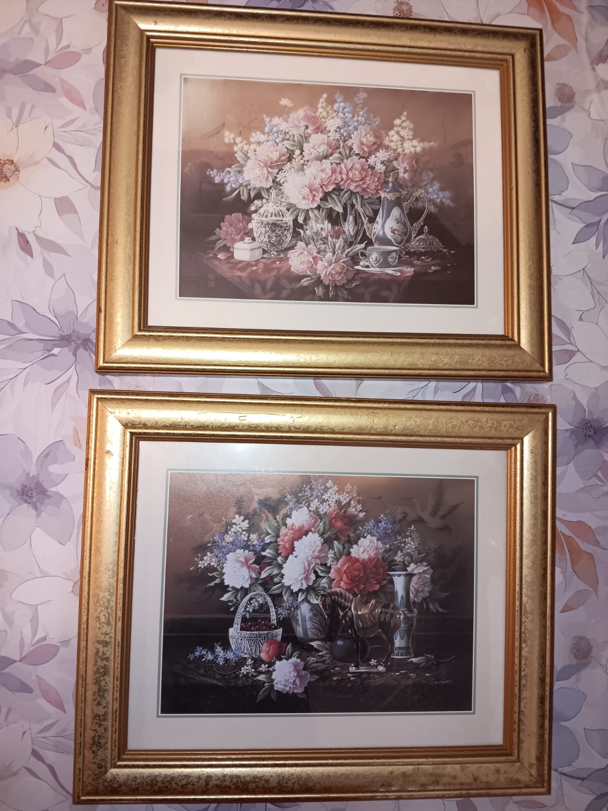 Set 2 Framed Floral Still Life Art Prints in Gold Wood Frames Tea Time Cottage