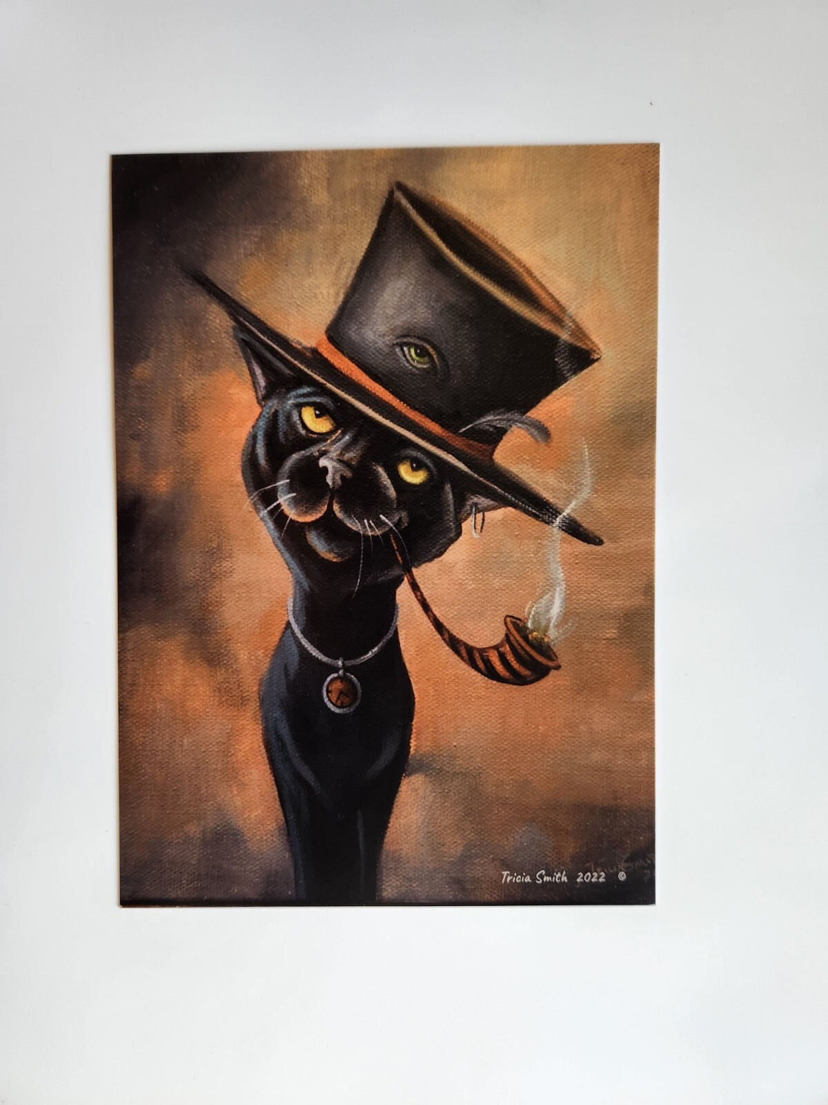 PRINT from original ~BLACK CAT~~Whimsical~~Tophat~Third eye~smoking pipe~Feather