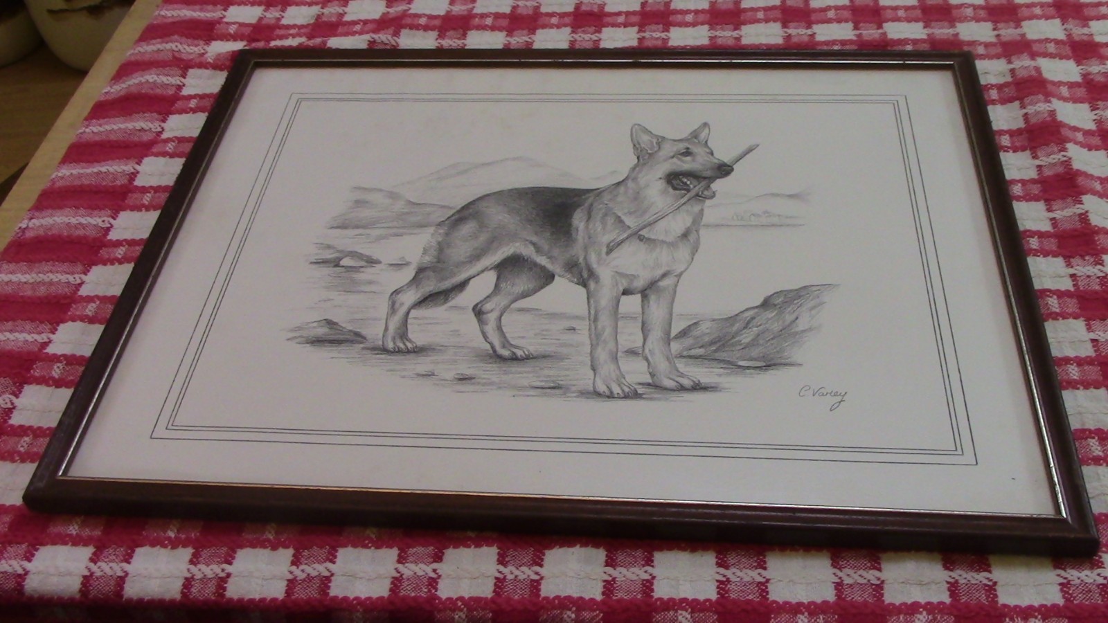 Vintage C. Varley Framed Pencil Drawing of German shepherd 42cm by 32cm