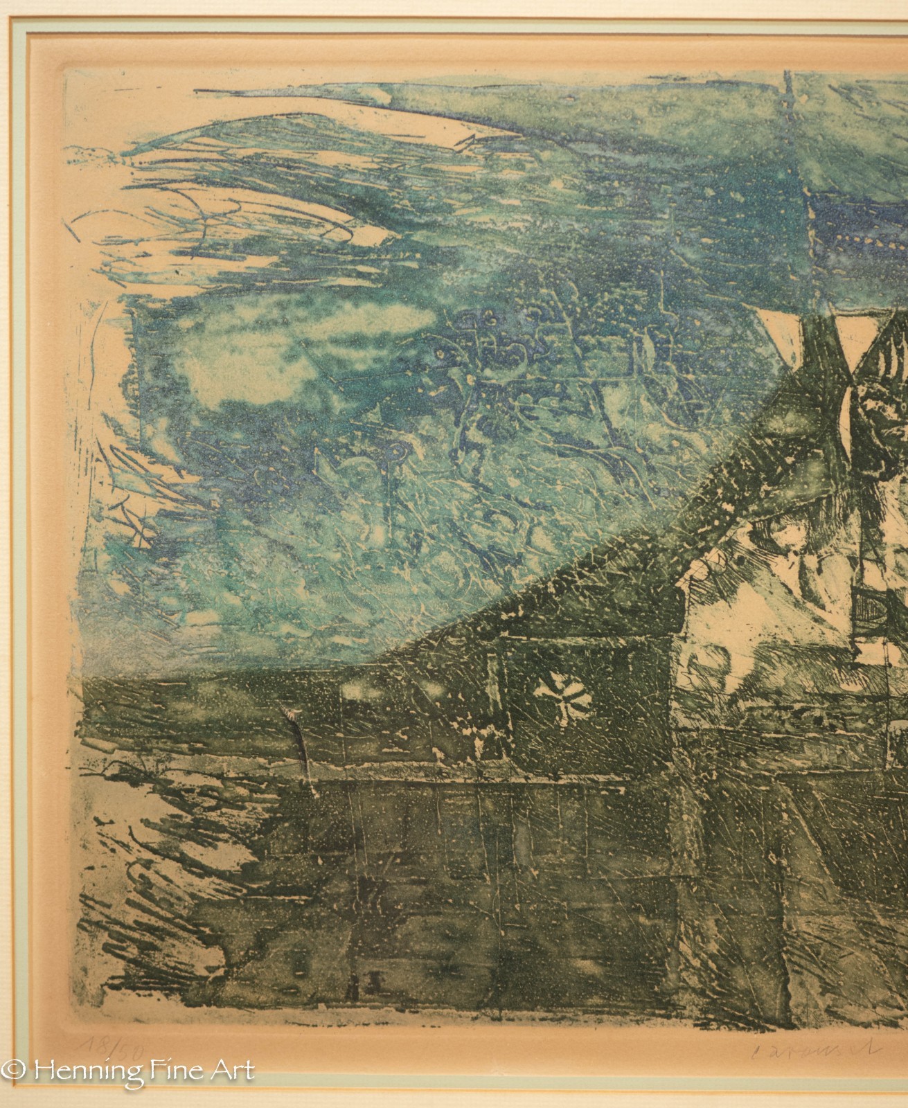 Beautiful Mid Century Abstract Expressionist Etching Illegibly Signed 27×33″
