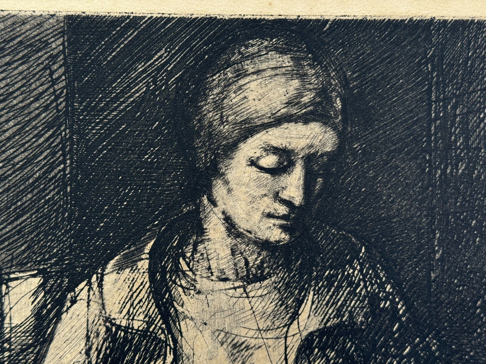 THOMAS CORNELL SIGNED ETCHING A SEATED WOMAN WITH BOOK VINTAGE ORIGINAL PORTRAIT