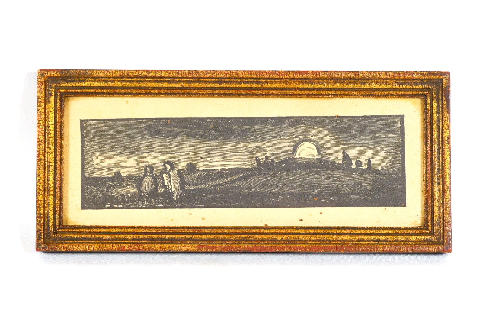 Antique Panoramic Print Night Time Moon Visionary Landscape Framed Signature LA