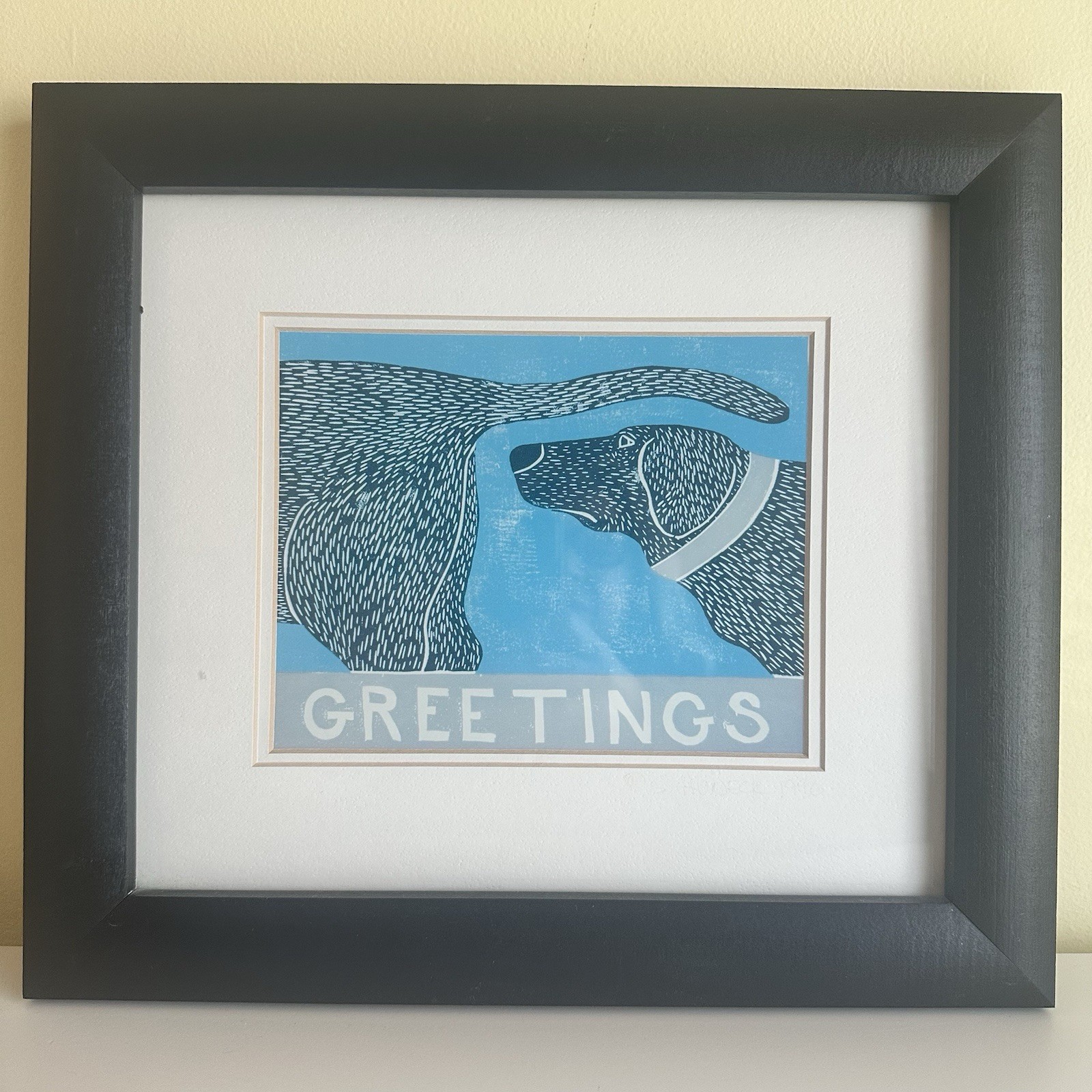 Vintage 1995 Stephen Huneck “Greetings” Framed Print Dog Mountain Art 13×12