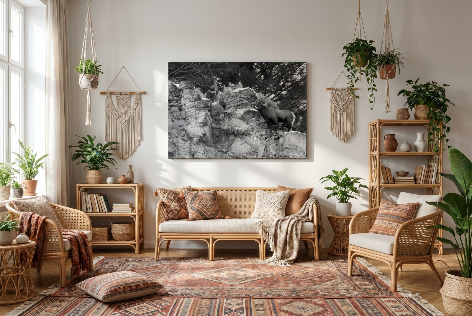 Peaco – Two Bighorn Sheep Rams Above Soda Butte Creek, Yellowstone National Park