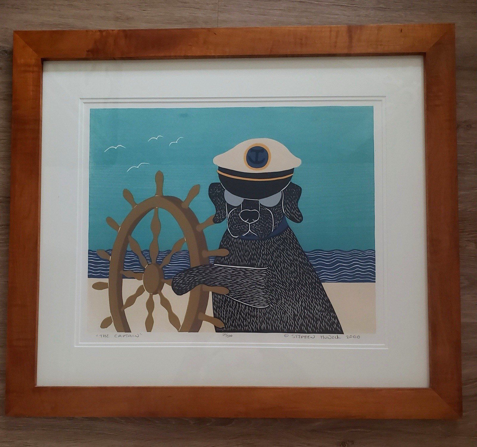 Stephen Huneck “The Captain ” 2000 Signed Woodcut Print 20/500 31x27in