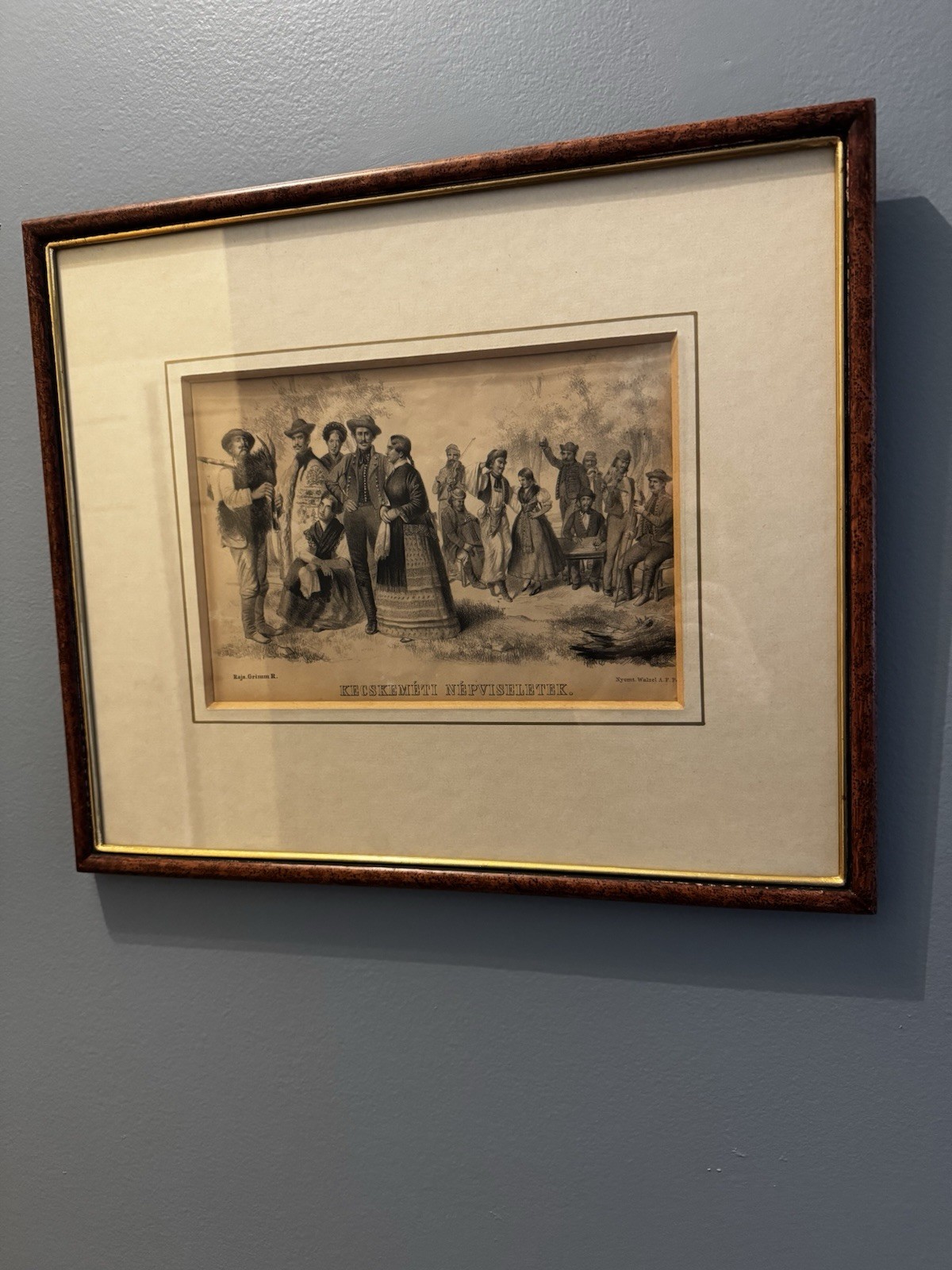 Vintage lithograph framed Print Of Kecskemeti Nepviseletek Rajz Grimm Bagpiper
