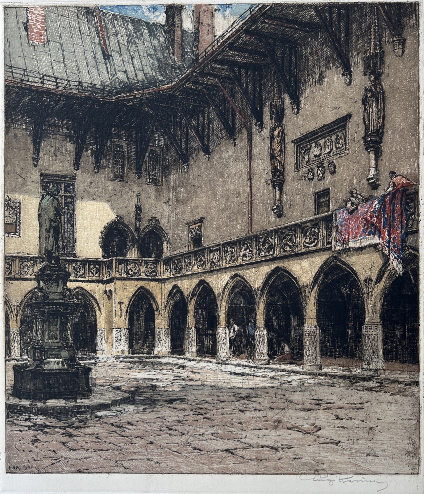 Luigi Kasimir (1881-1962) Jagellonian Library Krakau Poland Color Signed Etching
