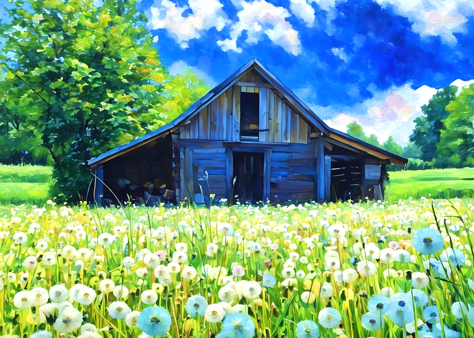 Blue Cabin ACEO Artist Card Print of Painting 2.5×3.5 Dandelion Flowers Clouds