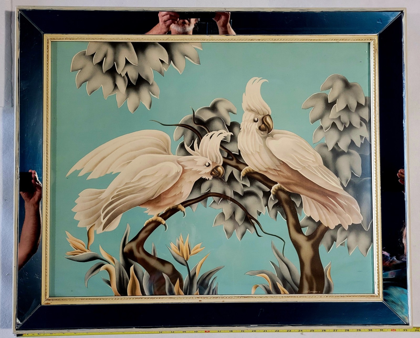 TEAL 1950s Turner Cockatoo Print Linen Paper Mirrored Frame, Original