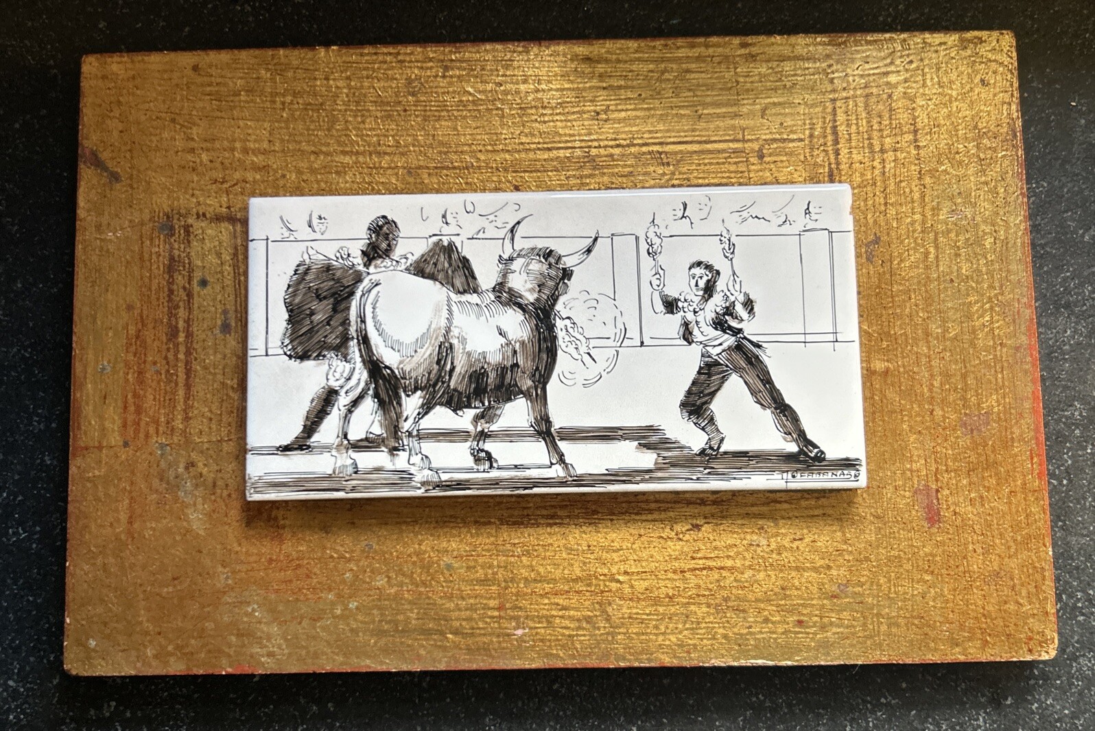 The Spirit Of The Bull at the la fiesta HandPaint Signed Spain Tile Gold Frame