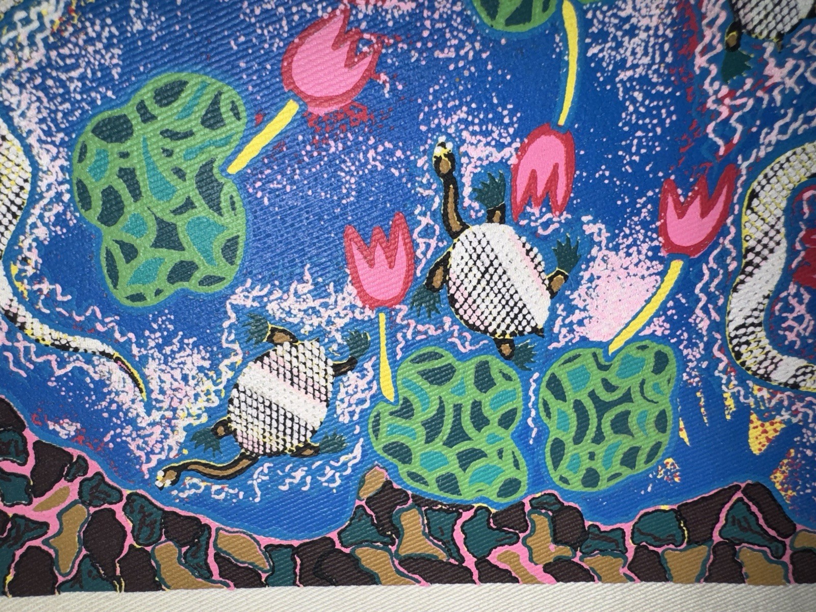 John Smith Gumbula, File Snake, Turtle & Waterlilies Australian Aboriginal Art
