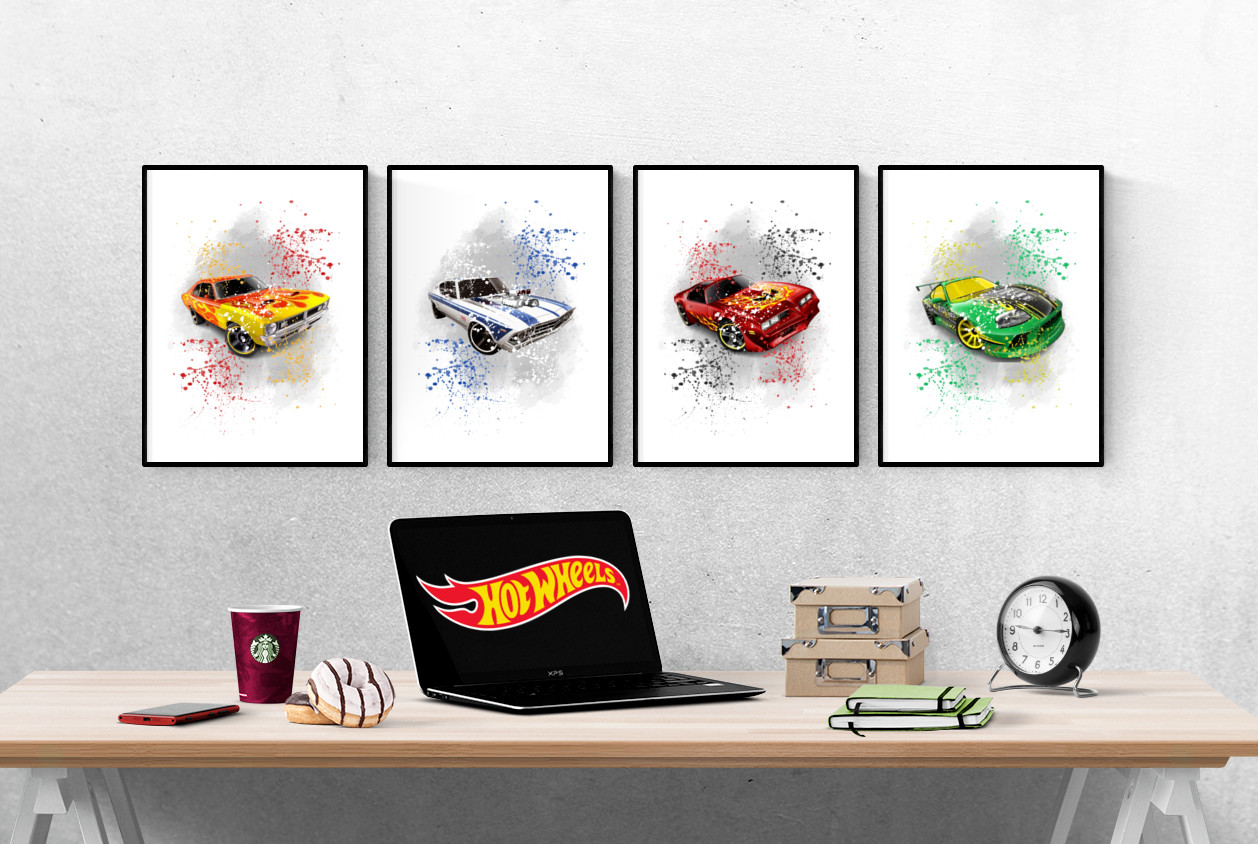Hot Wheels Sports Cars Watercolour Splash Set Of 4 Prints Pictures Art Poster