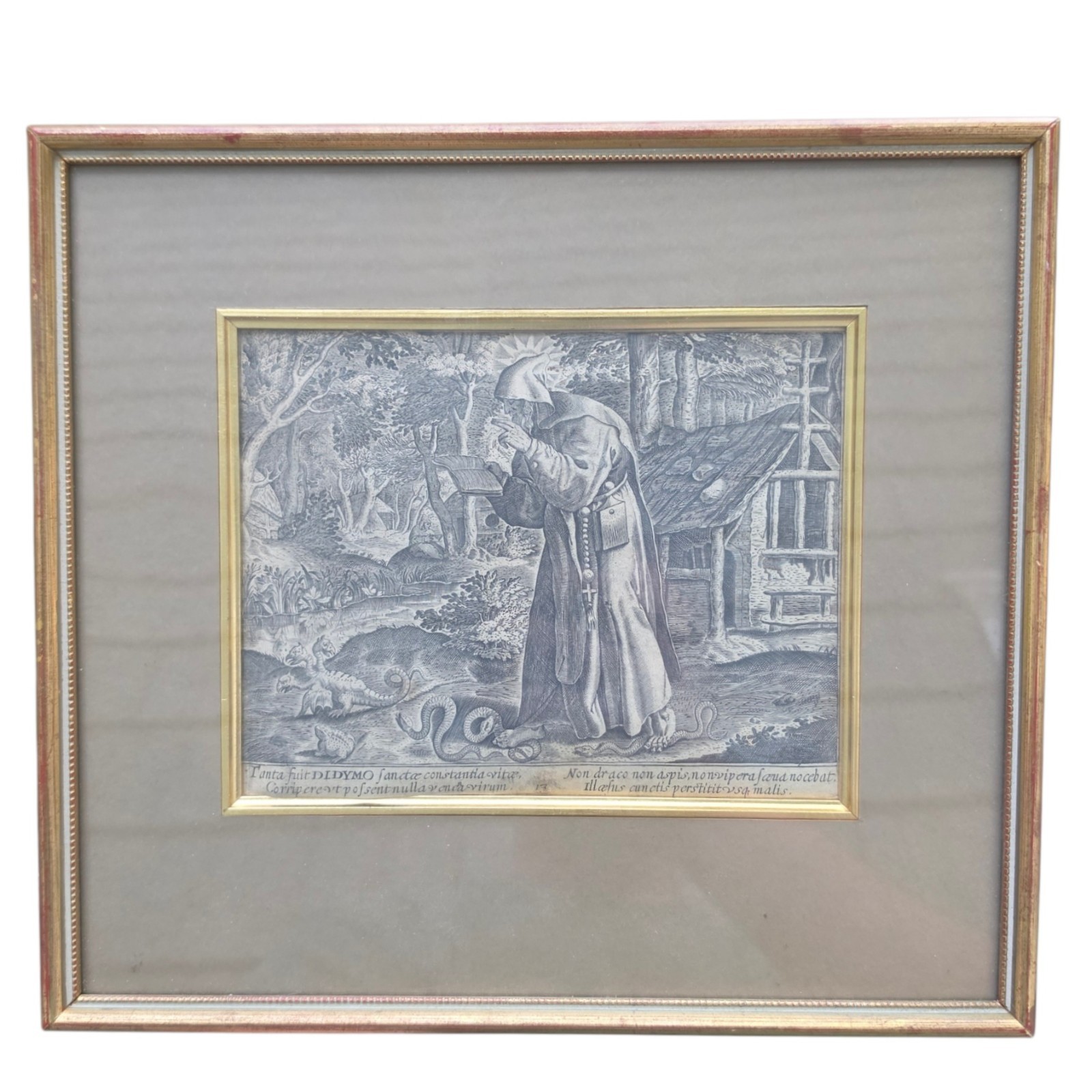 c.1600 Old Master Engraving St Didymus Serpents Laid Paper Framed 11.5×10.25 In.