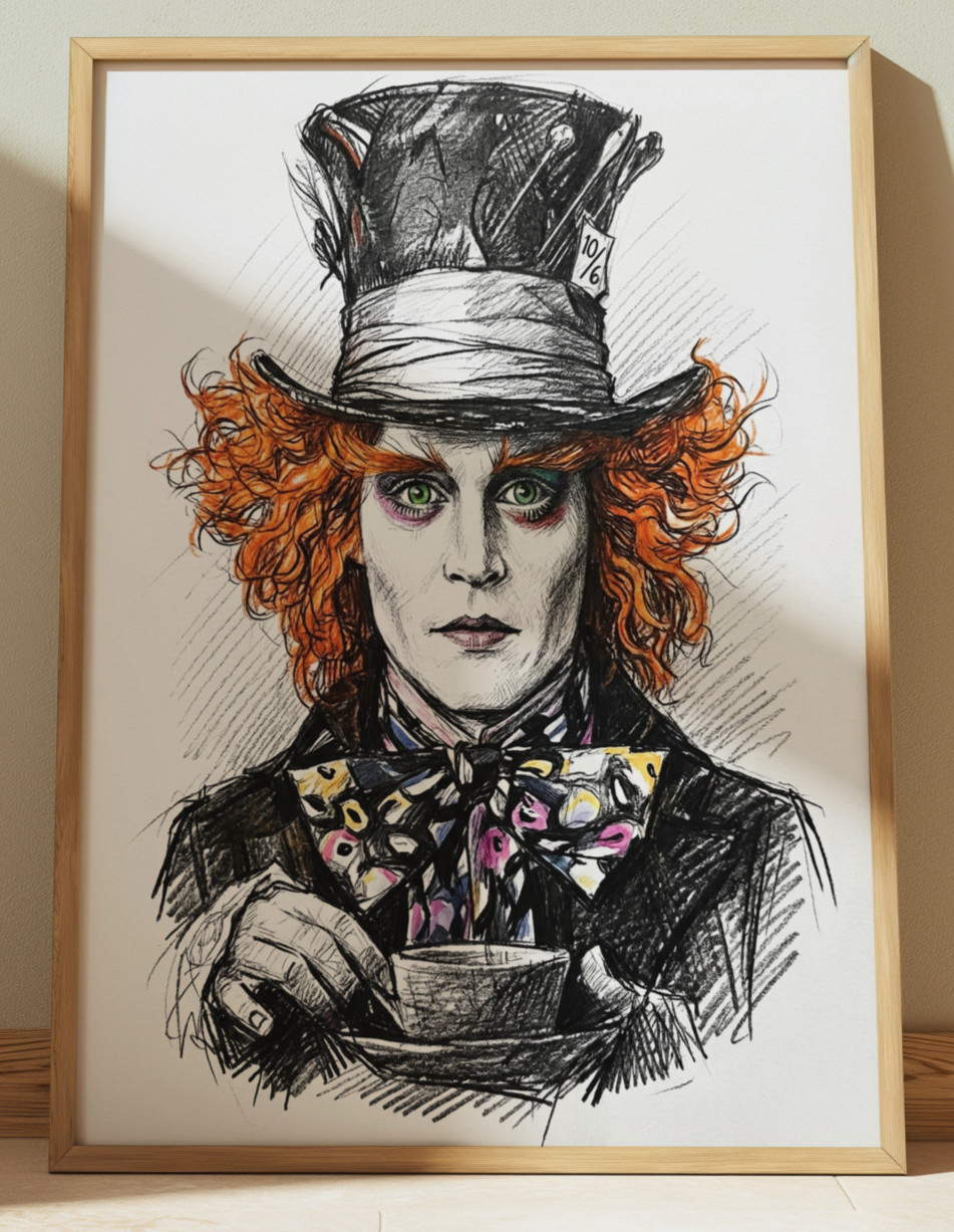 ALICE IN WONDERLAND MAD HATTER DRAWING SKETCH PRINT 8″ x 10″ JOHNNY DEPP PRINT