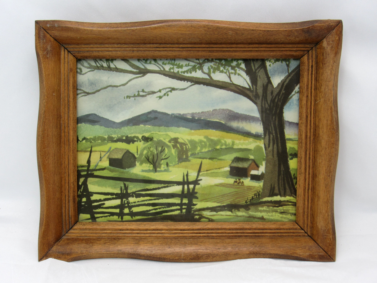 Vintage Mid Century Rural Farm Watercolor Lithograph Print in Wood Frame 8×10″