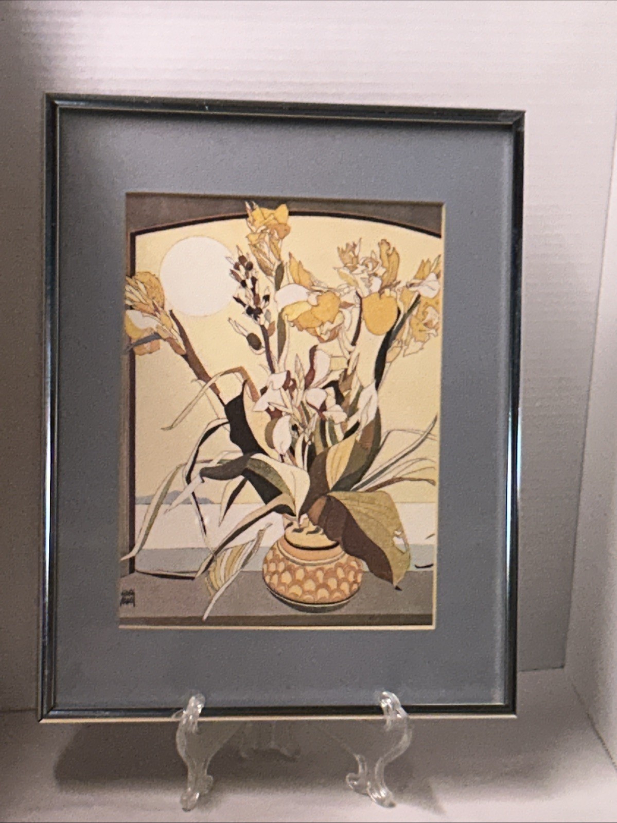 MCM 1975 Modernism Print Artist Georg Rauch Iris Flower Bamboo Frame