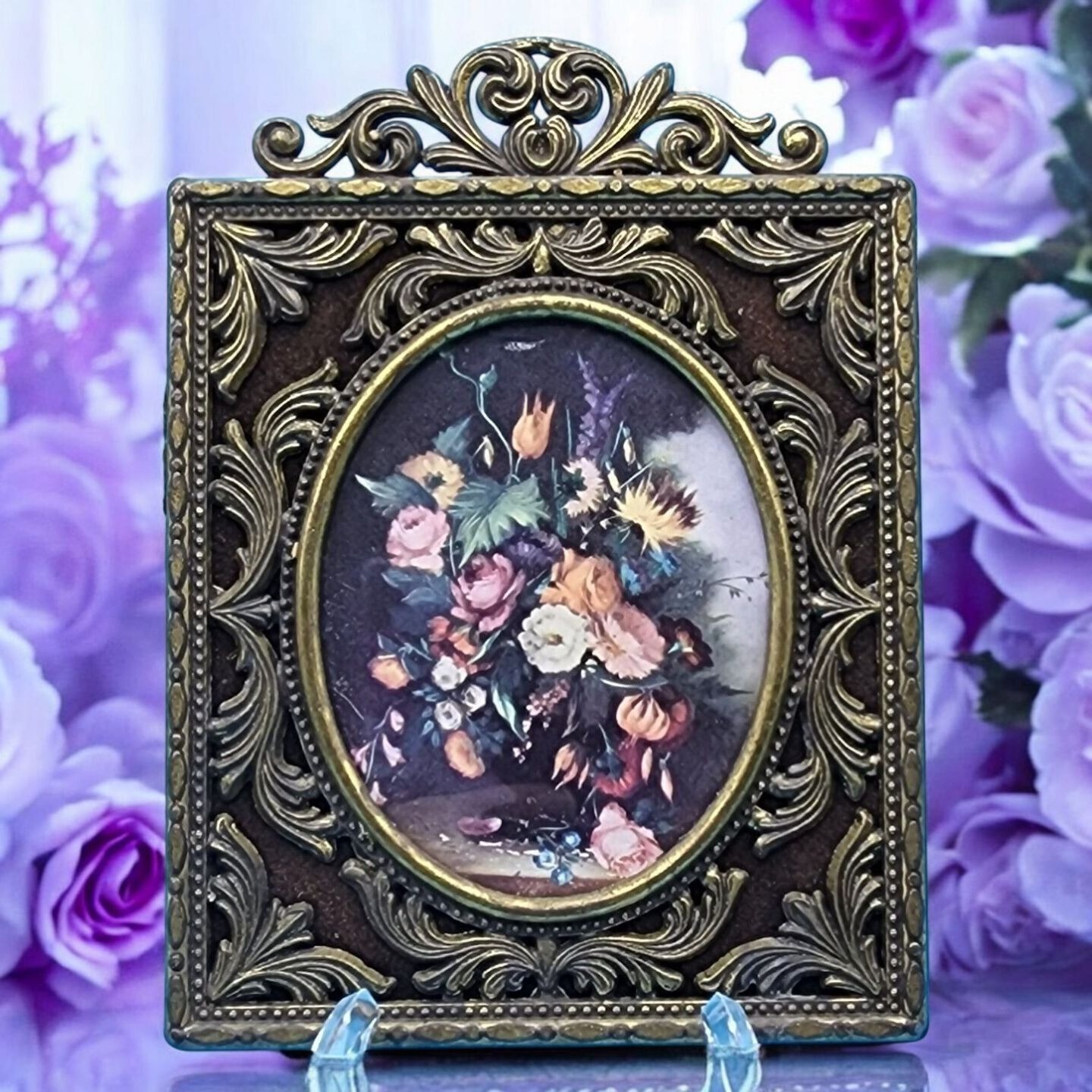 Vintage Miniature Flemish Ornate Metal Velvet Frame Floral Art Print Italy