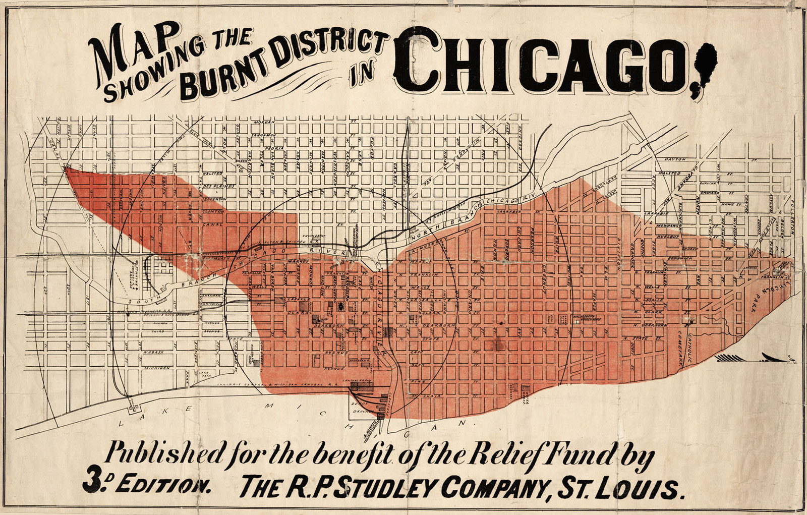 1871 Map of Chicago Burnt District – Showing Areas Affected by the Great Fire