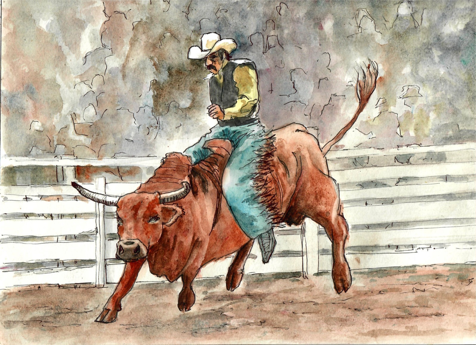 Bullrider Rodeo, Cowboy Riding A Bull, (Signed Matted Watercolor Print)