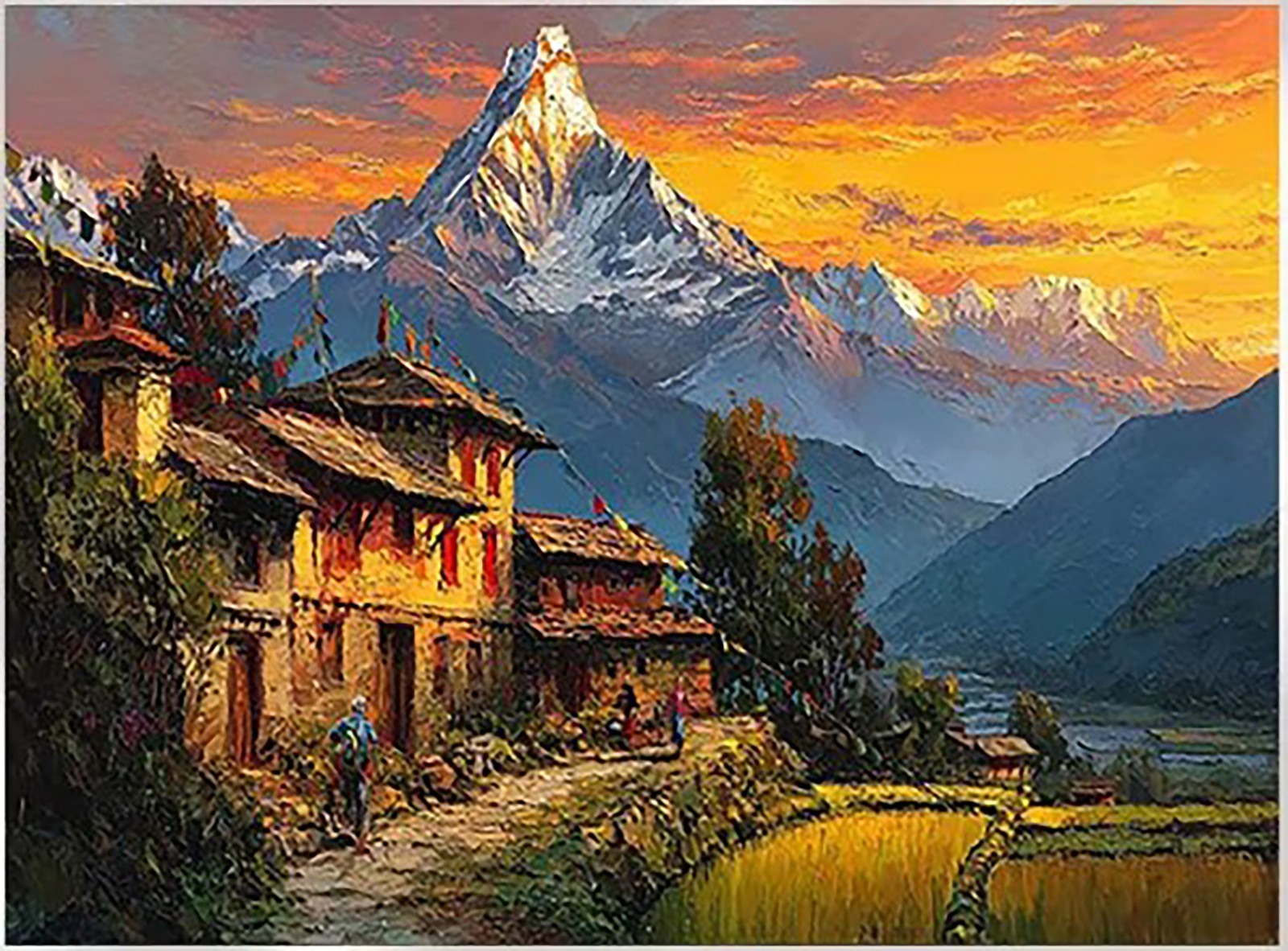 Himalayan Village Landscape Painting Print Unframed Canvas Wall Art 40 x 30cm