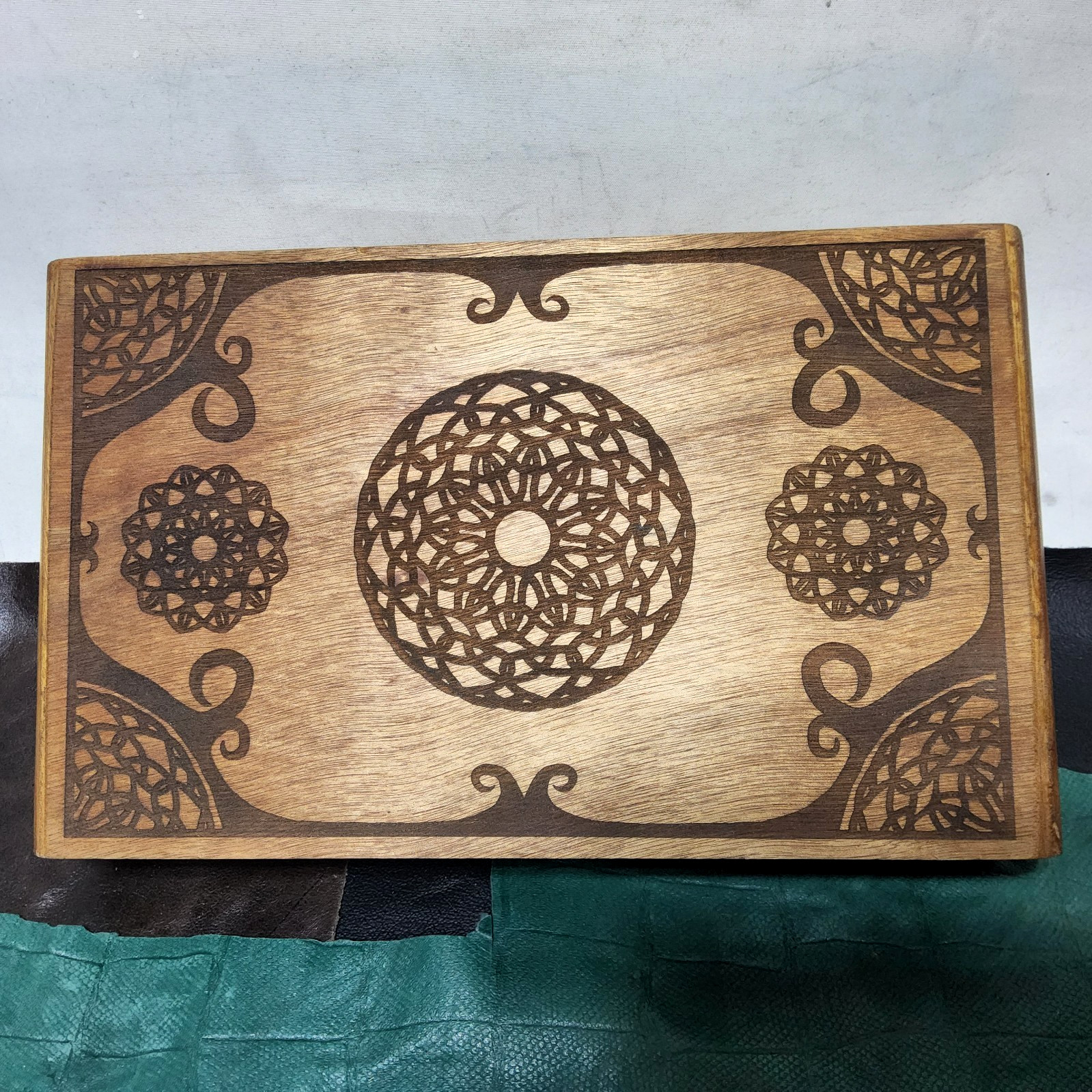 Mystical mandala laser etched wood stash box 12x8x2.5 in art flip top keepsake