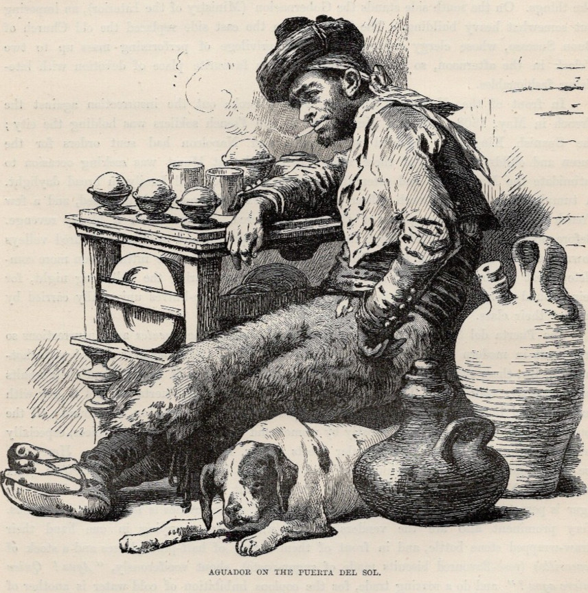 Madrid Spain Water Seller & Dog Puerta Del Sol Street Scene 2 1885 Antique Print
