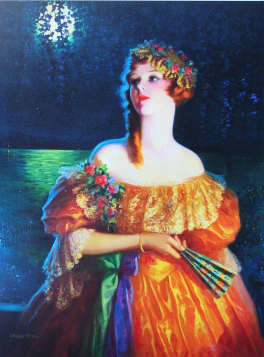 Lady in Orange Moon Light Vintage art by Edward Eggleston