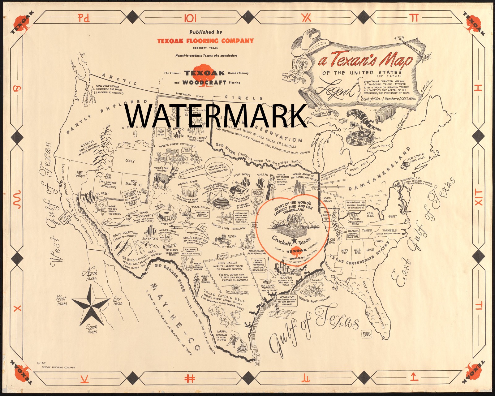 1949 Texans Map Gulf of Texas America 17×22 Print Reproduction Woodcraft TexOak