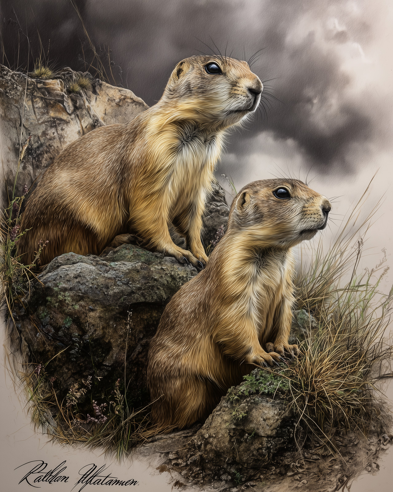 8×10 Prairie Dogs pair sitting on rocks – open grassland – 221010527